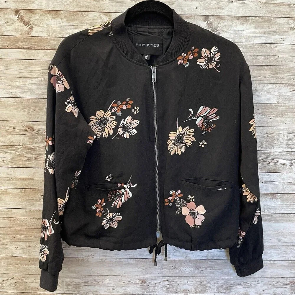 Who What Wear Womens M Jacket Black Fall Floral Zipper w/ Pockets Cinch Waist